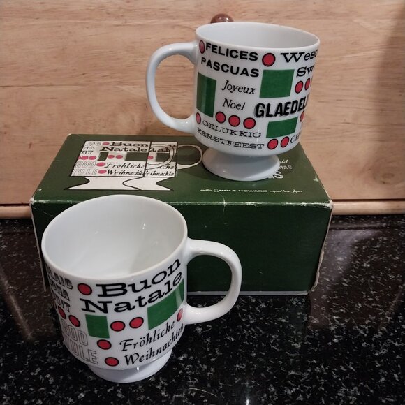 Vtg 60s Holt Howard Round The World Christmas Ceramic Mugs Boxed Pair - Picture 2 of 5